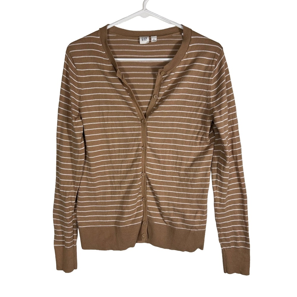 GAP Womens Brown White Striped Cotton Button Front Cardigan Sweater Size M